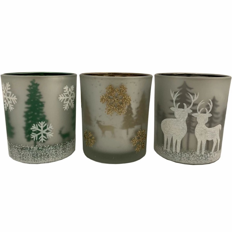 Home Decor * | Flash Sale Ice Design Factory Christmas Scene Glass Votive Candle Holders, Set Of 3