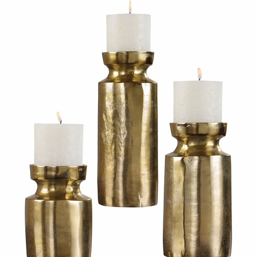 Home Decor * | Best Deal Uttermost Amina 3 Pc. Antique Brass Candleholder Set