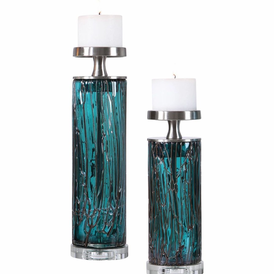 Home Decor * | Hot Sale Uttermost Almanzora Teal Glass Candleholders Set Of 2