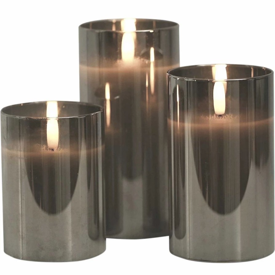 Home Decor * | Cheapest Simply Perfect Gray Glass Flameless Led Pillar Candles 3 Pk.