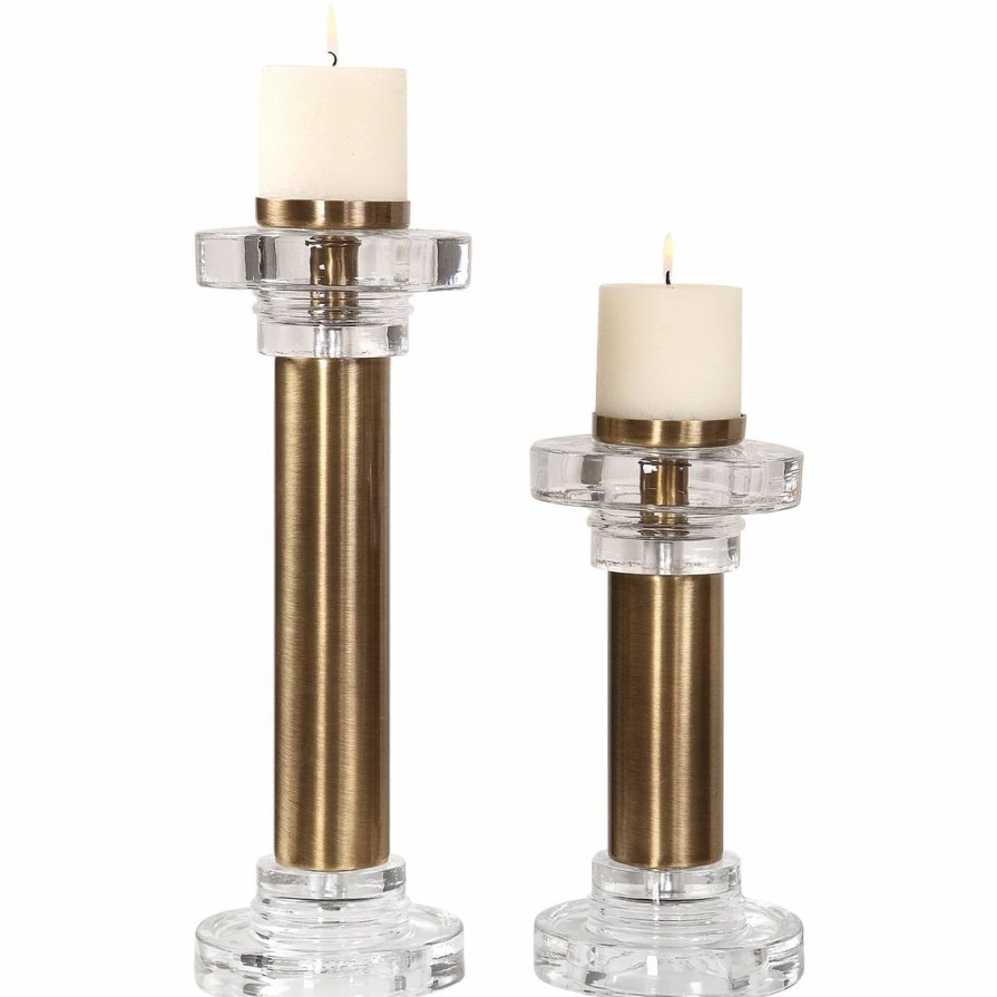 Home Decor * | Best Reviews Of Uttermost Leslie Brushed Brass Candleholder 2 Pc. Set